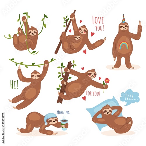 Cute sloth character performing different activities set vector illustration. Smiling and pretty animal relaxing, drinking morning coffee, holding green roots with child. Isolated on white background