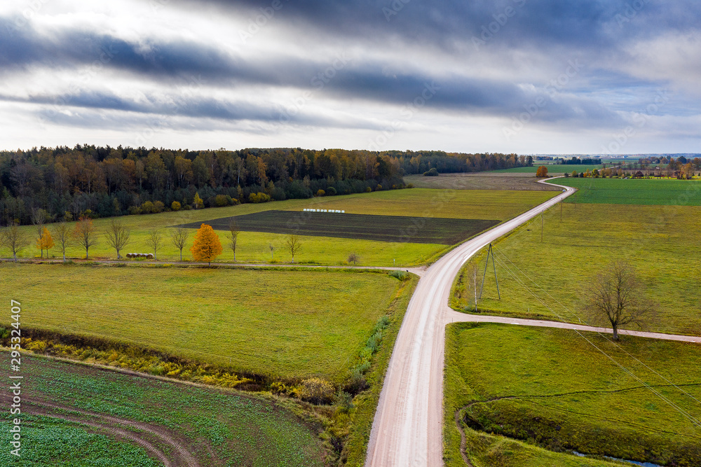 Countryside landscape in rainy autumn day, Tukums area, Latvia.