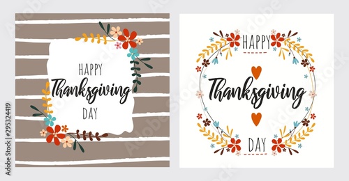 Happy thanksgiving day greeting card set vector illustration. Poster decorated by foliage and heart symbol, writing text lettering for holiday. Postcard in autumn style and pattern