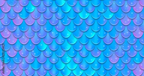 Holographic mermaid scale tail seamless in blue color vector illustration. Postcard symmetric aqua symbol. Card with abstract shiny pattern with gradient