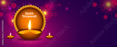  Illustration of Realistic illuminated oil lamp( diya) with purple brown shiny blur background. Website header or banner. space for your text.