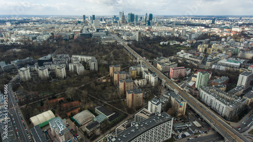 Aerial view of the Warsaw cityscape with skyscrapers and buildings in the capital of Poland. 05. October. 2019. Panorama of the city on a cloudy day.