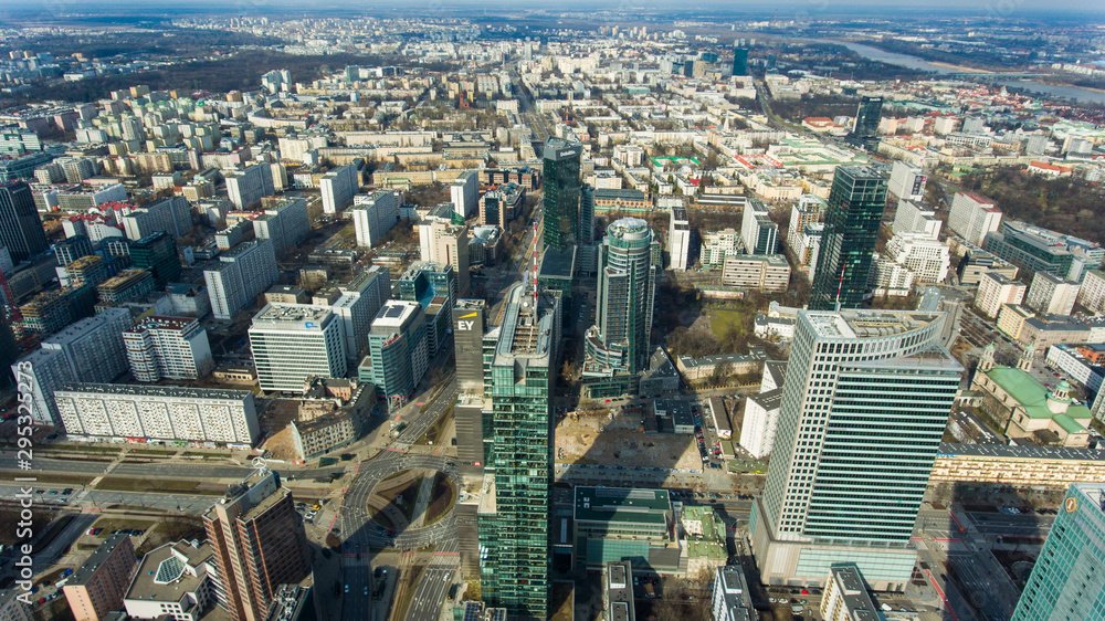 Fototapeta premium Warsaw. Poland skyscrapers from above. 19. May. 2019. Incredible views of modern skyscrapers and buildings in the business center of Warsaw. Futuristic skyline.