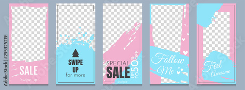 Vector illustration. Flat style. A set of editable templates for stories on social media. Graphic modern design. Minimalistic concept. Paint splash. Ink brush. Grunge concept. Color banners. Frame