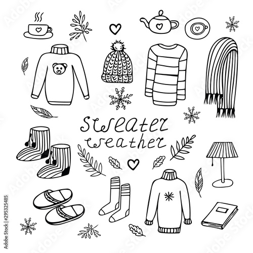 clothing and comfort in a cold weather set. Hand drawn elements in doodle style.