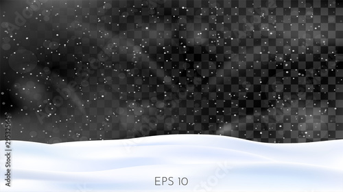Vector illustration. Winter overlay for use on dark backgrounds. Snowfall. Snow drift. Blizzard. Frost drift. Snowy background. Template for banner, poster, website. Snow storm concept. Snowdrifts. 
