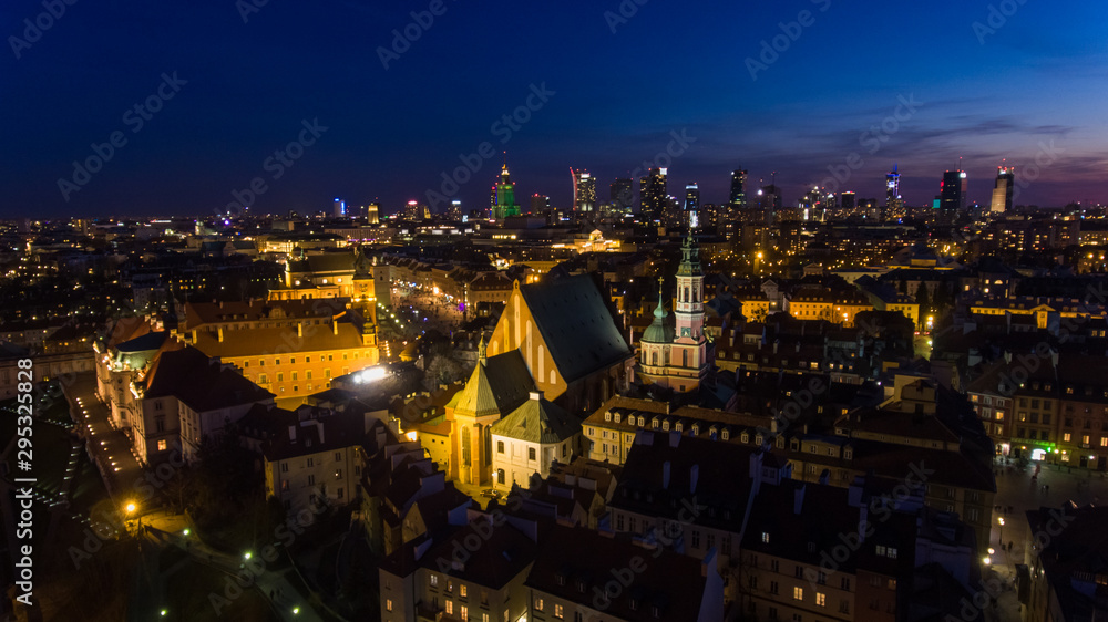 Aerial view of old buildings, castles and a church in the old city of Warsaw.  Cityscape of old buildings and architecture in the old town in Warsaw.