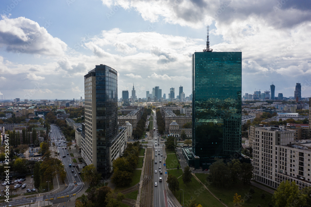 Obraz Amazing panorama view of Warsaw skyline and skyscraper. Poland. 19. May. 2019. Beautiful daytime view in the center with modern skyscrapers and buildings.
