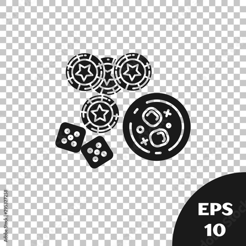 Black Casino chips, game dice and glass of whiskey with ice cubes icon isolated on transparent background. Casino poker. Vector Illustration
