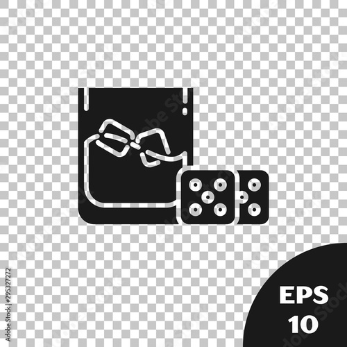 Black Game dice and glass of whiskey with ice cubes icon isolated on transparent background. Casino gambling. Vector Illustration