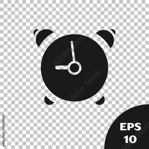 Black Alarm clock icon isolated on transparent background. Wake up, get up concept. Time sign. Vector Illustration