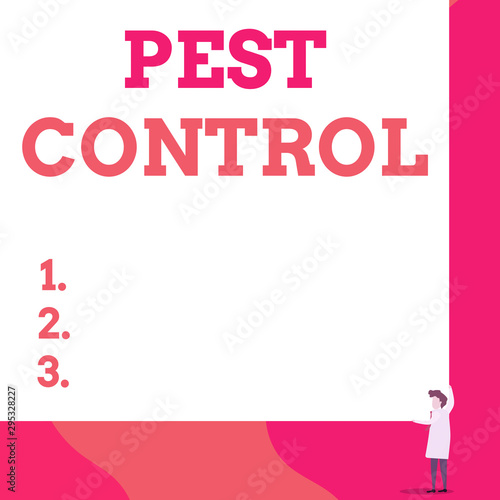 Writing note showing Pest Control. Business concept for analysisagement of a species that impacts adversely on huanalysis One man professor wear white coat red tie hold big board use two hands photo