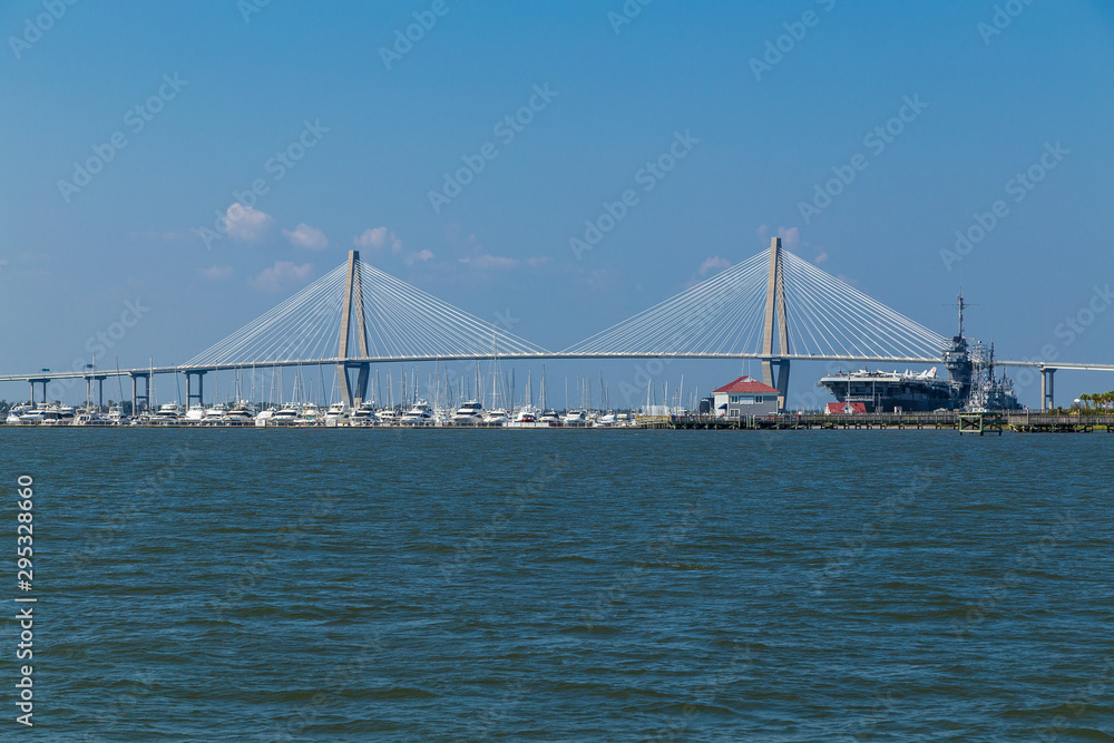 Arthur Ravenel Jr. Bridge over Cooper River in Charleston SC with USS Yorktown and Moored Yachts
