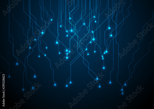 Abstract neon blue tech circuit board lines sci-fi design. Futuristic computer chip background. Vector glowing illustration