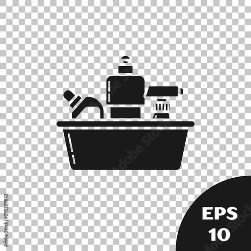 Black Plastic bottles for liquid laundry detergent, bleach, dishwashing liquid or another cleaning agent icon isolated on transparent background. Vector Illustration