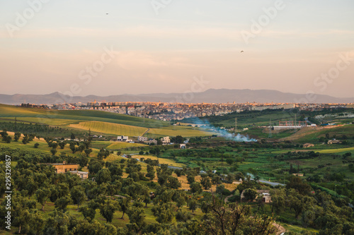 Panoramic scenic view of the city of Medina Fes in Morocco at sunset