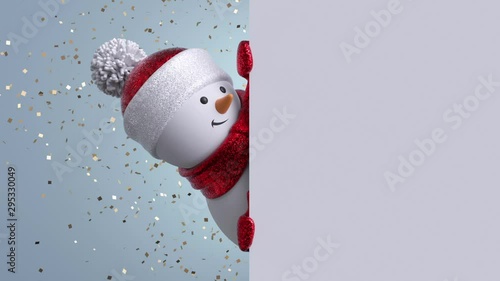 3d snowman looking out the corner, holding blank banner, blinking and smiling. Gold confetti falling. Happy New Year. Merry Christmas animated greeting card. Winter holiday background. 1920x1080 hd