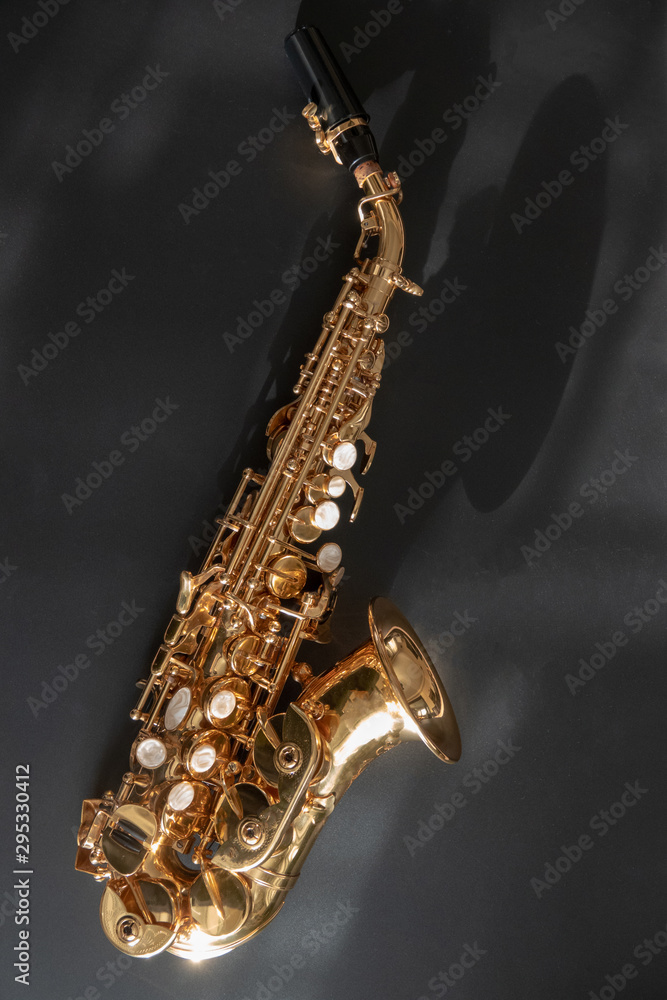 Fototapeta premium Tenor sax golden saxophone macro with selective focus on black