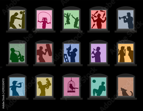 Noise pollution by loud neighbors behind colored windows at night. Disturbin loudness like quarreling couple, annoying music, playing children. Vector illustration on black background.