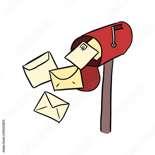 Old red mailbox full of envelopes. Isolated vector hand drawn illustration. Cartoon doodle style.