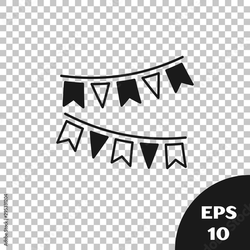 Black Carnival garland with flags icon isolated on transparent background. Party pennants for birthday celebration, festival and fair decoration. Vector Illustration