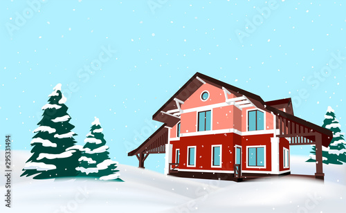Festive vector winter countryside background with a red cottage house and christmas trees with negative space.