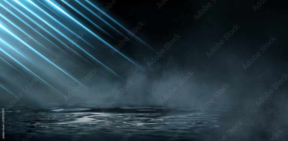 Wet asphalt, reflection of neon lights, a searchlight, smoke. Abstract light in a dark empty street with smoke, smog. Dark background scene of empty street, night view, night city. Wet asphalt, reflection of neon lights, a searchlight, smoke. Abstract light in a dark empty street with smoke, smog. Dark background scene of empty street, night view, night city.