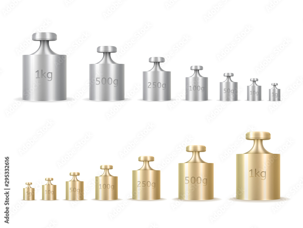 Calibration weights realistic isolated vector illustrations set - obrazy, fototapety, plakaty 