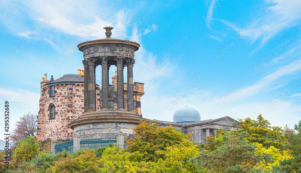 Old town district of Edinburgh City from the hilltop of Calton Hill (Dugald Stewart monument) - Edinburgh, Scotland, UK