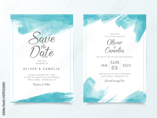 Blue brush stroke wedding invitation card template. Elegant abstract background save the date, invitation, greeting card, multi-purpose vector