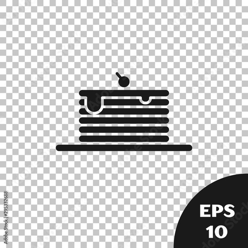 Black Stack of pancakes icon isolated on transparent background. Baking with syrup and cherry. Breakfast concept. Vector Illustration