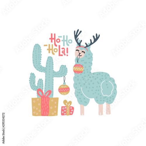 Cute alpaca Christmas greeting card vector templates for kids with cactus, gift boxes, funny color llama with handwritten text - Ho-ho-ho-la. Llama in antlers Decorates Cactus with Christmass balls.