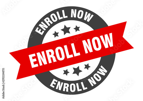 enroll now sign. enroll now black-red round ribbon sticker