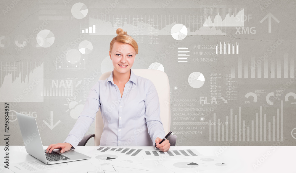 Business person sitting at desk with financial change, and report diagram concept Business person sitting at desk with financial change, and report diagram concept