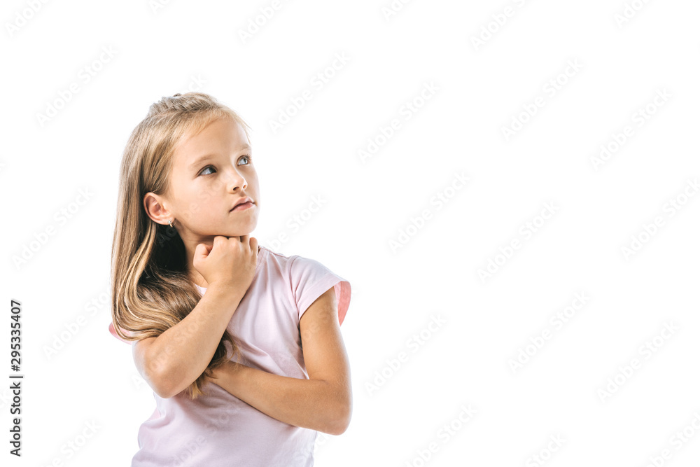cute and pensive kid touching face and looking away isolated on white cute and pensive kid touching face and looking away isolated on white