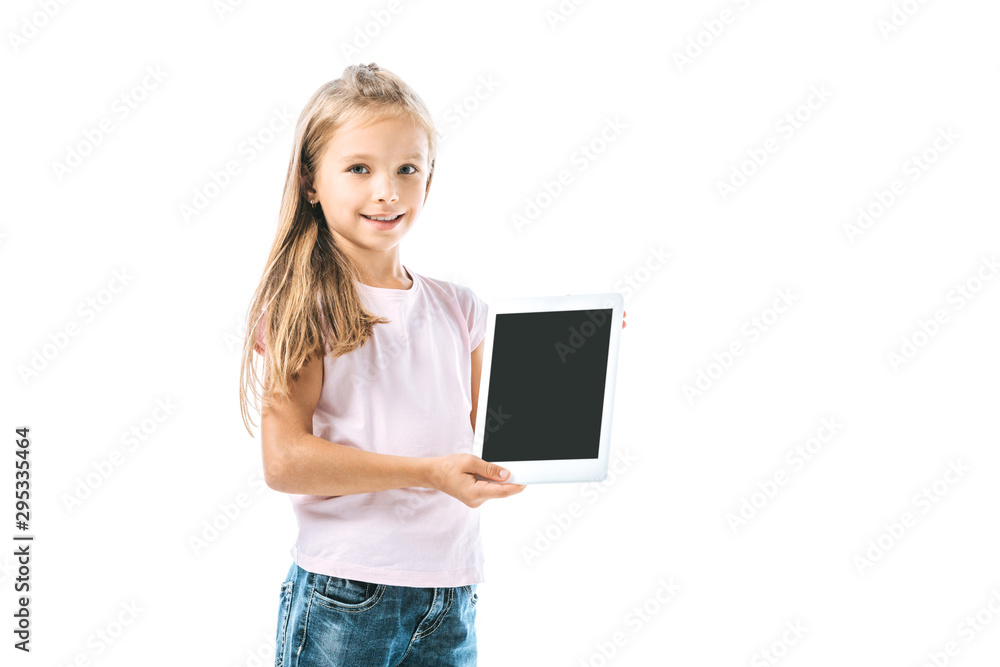 cheerful kid holding digital tablet with blank screen isolated on white cheerful kid holding digital tablet with blank screen isolated on white