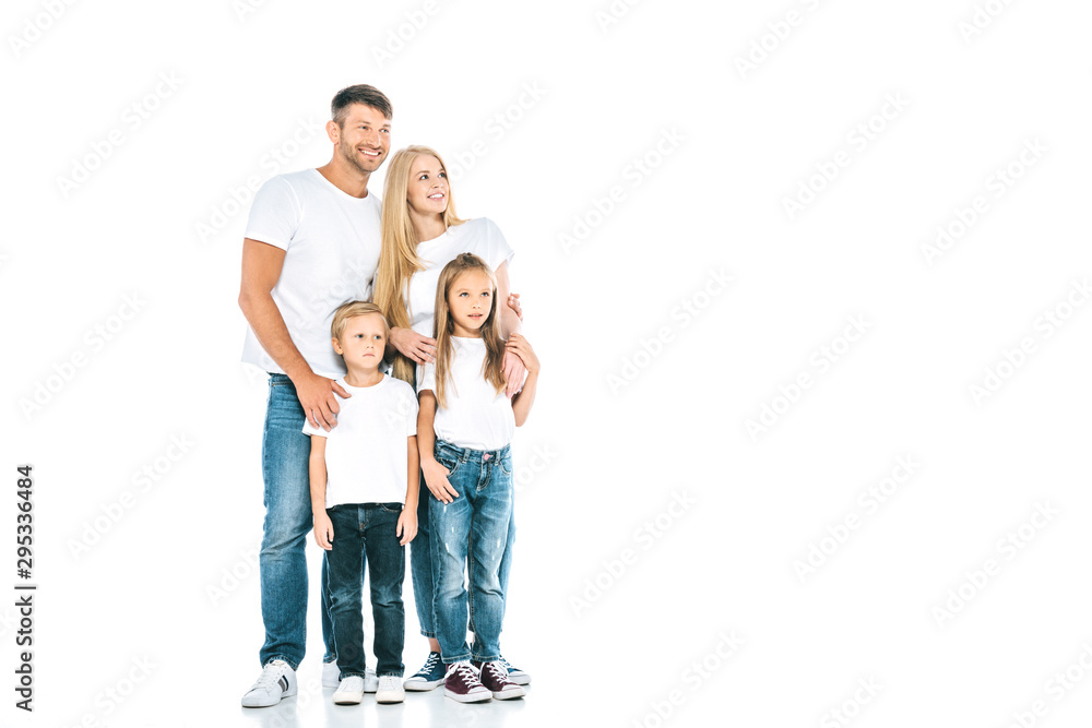happy family in blue jeans standing on white happy family in blue jeans standing on white