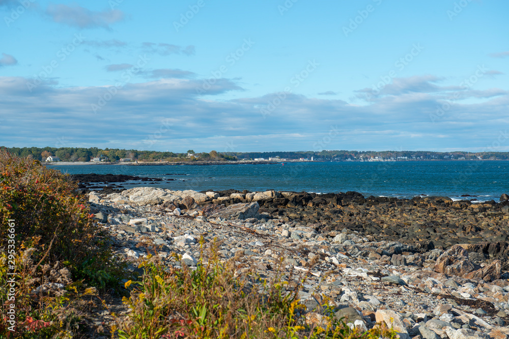 Portsmouth Harbor Lighthouse and New Castle coast, from Odiorne Point State Park in Rye, New Hampshire, USA.