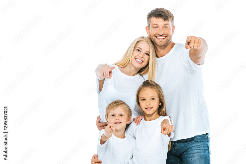 positive family in white t-shirts pointing with fingers isolated on white