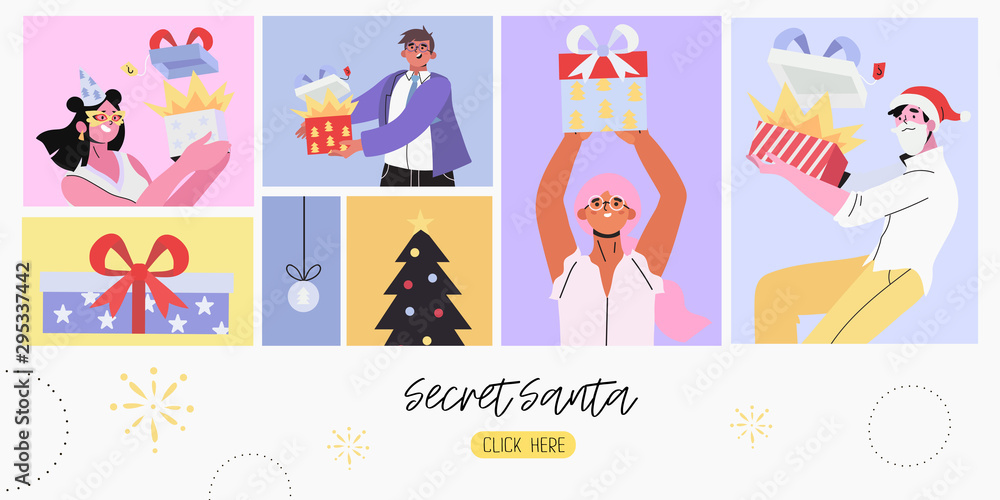 Secret Santa and christmas or new year banner, flyer, landing page with people receive presents or open gift boxes from unknown senders. People in costumes, gift box and fir-tree in square frames. Secret Santa and christmas or new year banner, flyer, landing page with people receive presents or open gift boxes from unknown senders. People in costumes, gift box and fir-tree in square frames.