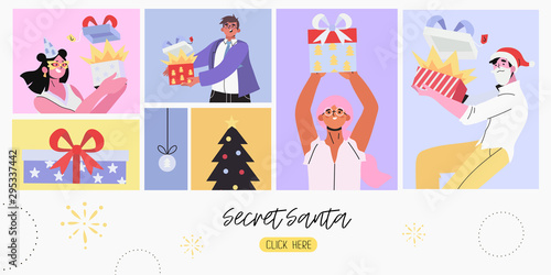 Secret Santa and christmas or new year banner, flyer, landing page with people receive presents or open gift boxes from unknown senders. People in costumes, gift box and fir-tree in square frames.