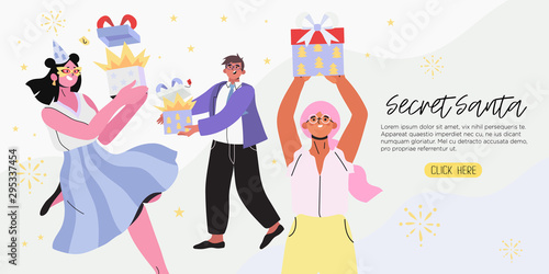 Secret Santa and christmas or new year banner, flyer, landing page with people receive presents or open gift boxes from unknown senders. People celebrating cristmas with friends or colleagues at work.