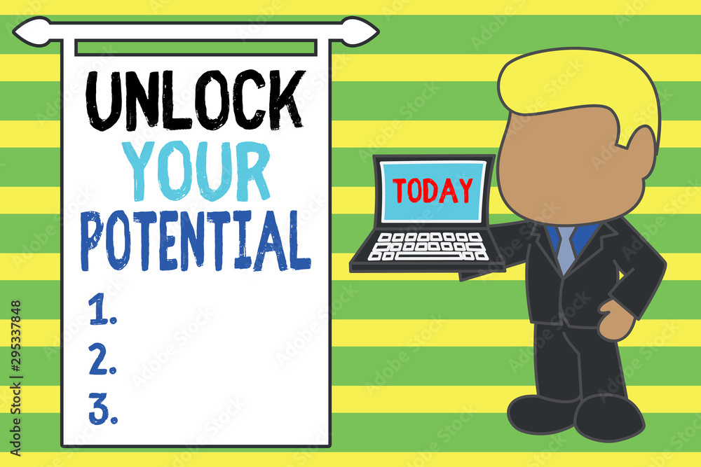 Word writing text Unlock Your Potential. Business photo showcasing improve self awareness Skills to Achieve more Standing professional businessman holding open laptop right hand side Word writing text Unlock Your Potential. Business photo showcasing improve self awareness Skills to Achieve more Standing professional businessman holding open laptop right hand side