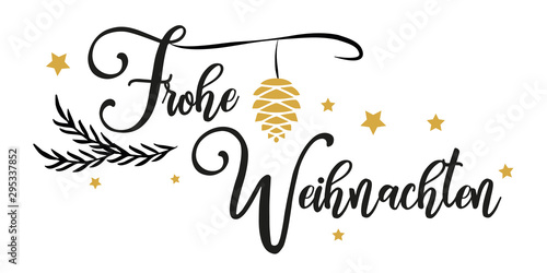 Frohe Weihnachten Kalligraphie. Merry Christmas Calligraphy in German. Greeting Card Black and Golden Typography on White Background