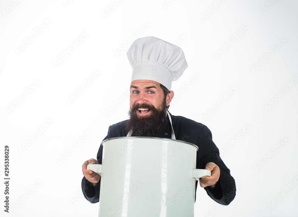 Male chef cooking with cooking pot. Chef in uniform holds pot. Cooking, food, profession concept. Casserole. Chef, cook or baker with saucepan in hand. Professional chef in uniform and hat holds pan. Male chef cooking with cooking pot. Chef in uniform holds pot. Cooking, food, profession concept. Casserole. Chef, cook or baker with saucepan in hand. Professional chef in uniform and hat holds pan.