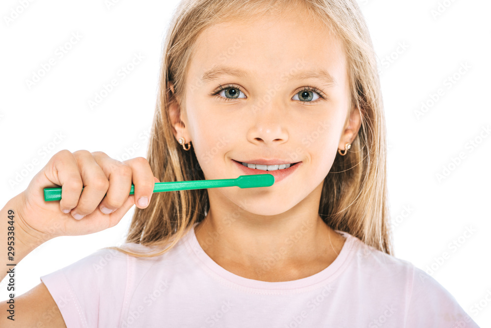 happy kid holding toothbrush isolated on white happy kid holding toothbrush isolated on white