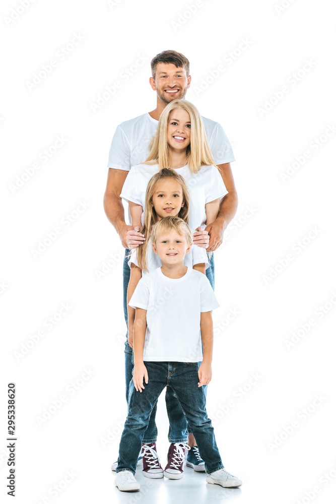 adorable children and happy parents looking at camera on white adorable children and happy parents looking at camera on white