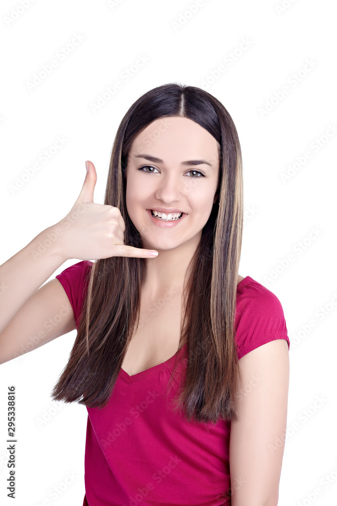 teenage girl portrait with call me gesture teenage girl portrait with call me gesture