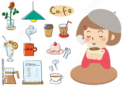 カフェでコーヒーを飲む女性とカフェにある物セット
