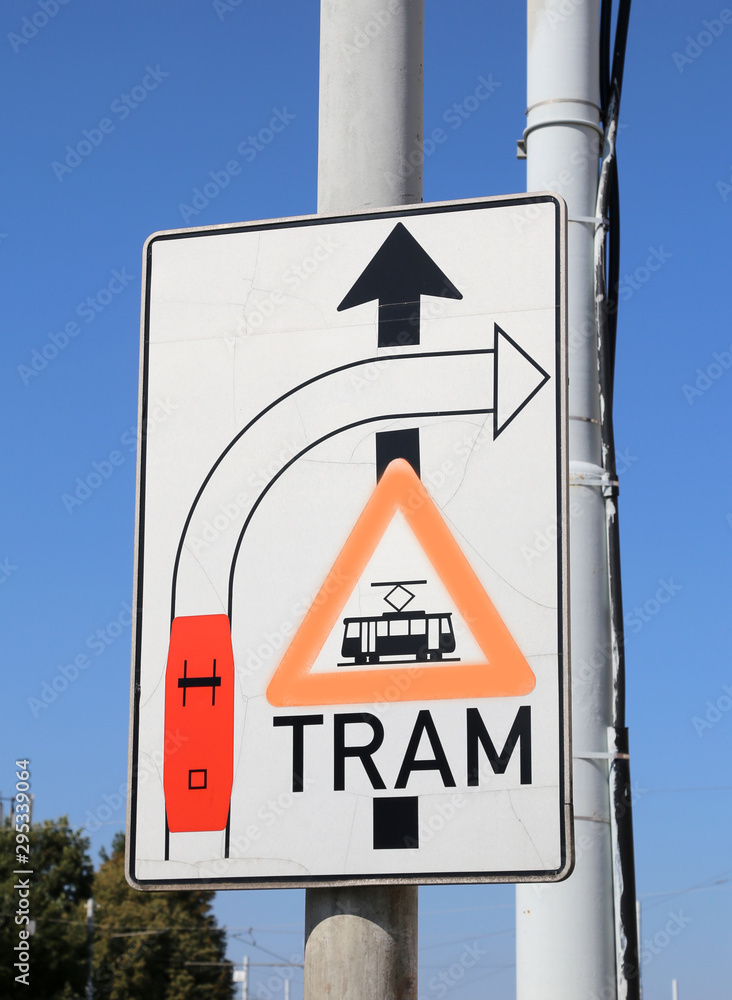 road sign with attention signs of crossing tram tracks in the ci road sign with attention signs of crossing tram tracks in the ci